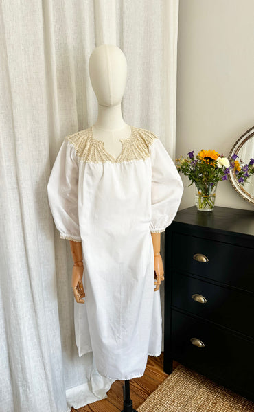 1970's White Crochet Grecian Cotton Smock Dress
