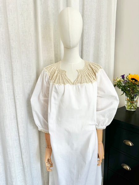 1970's White Crochet Grecian Cotton Smock Dress