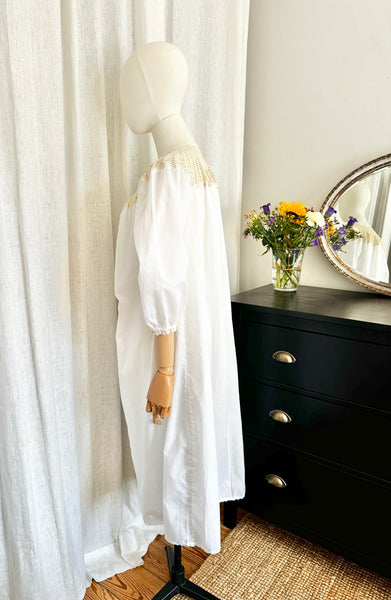 1970's White Crochet Grecian Cotton Smock Dress