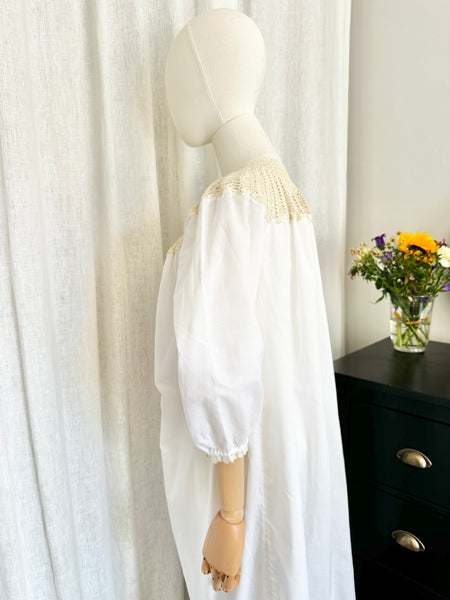 1970's White Crochet Grecian Cotton Smock Dress