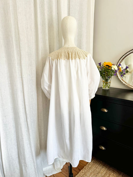 1970's White Crochet Grecian Cotton Smock Dress