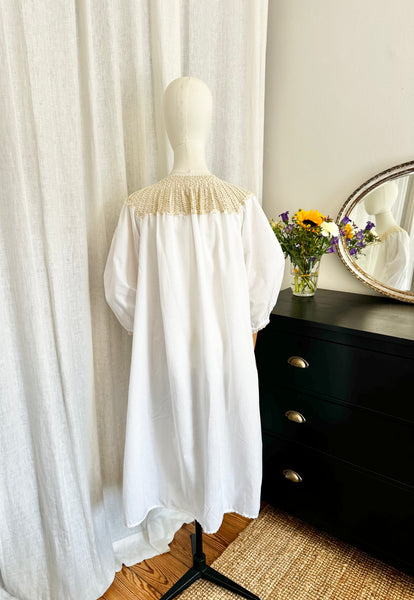 1970's White Crochet Grecian Cotton Smock Dress