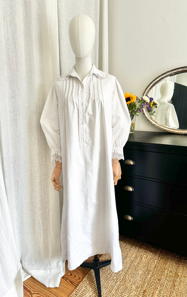 Antique 1910 Floral White Cotton Dress Gown