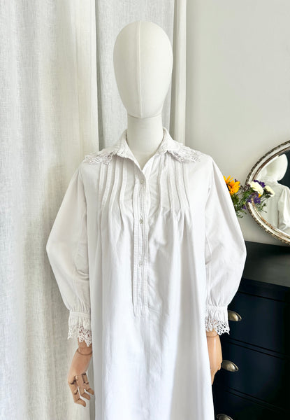 Antique 1910 Floral White Cotton Dress Gown