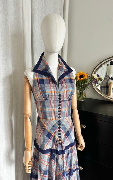 1970's Betty Barclay Checked Paid Prairie Maxi Dress