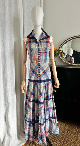 1970's Betty Barclay Checked Paid Prairie Maxi Dress