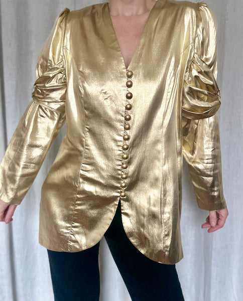 Insane 1980s Gold Lamé Ruched-Bow Statement Blazer