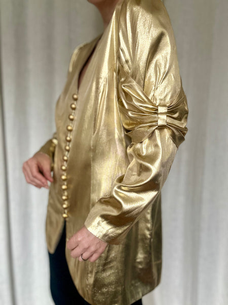 Insane 1980s Gold Lamé Ruched-Bow Statement Blazer