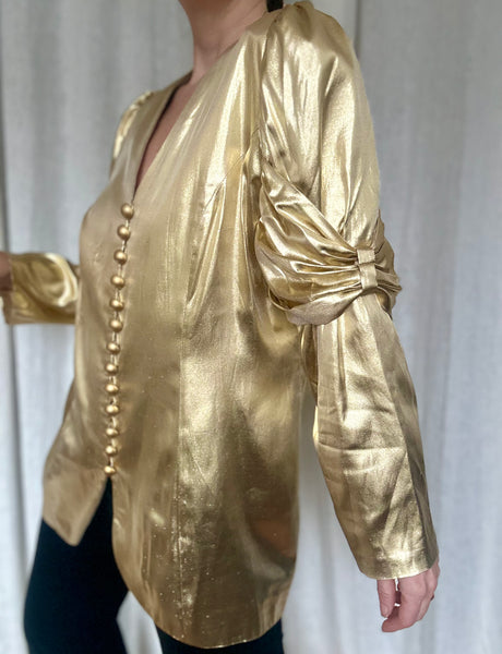 Insane 1980s Gold Lamé Ruched-Bow Statement Blazer