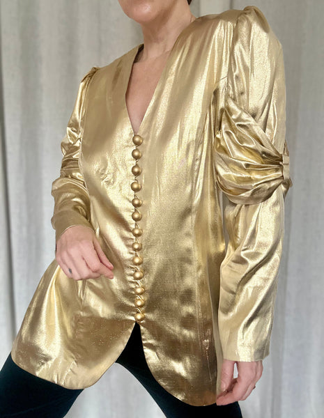 Insane 1980s Gold Lamé Ruched-Bow Statement Blazer
