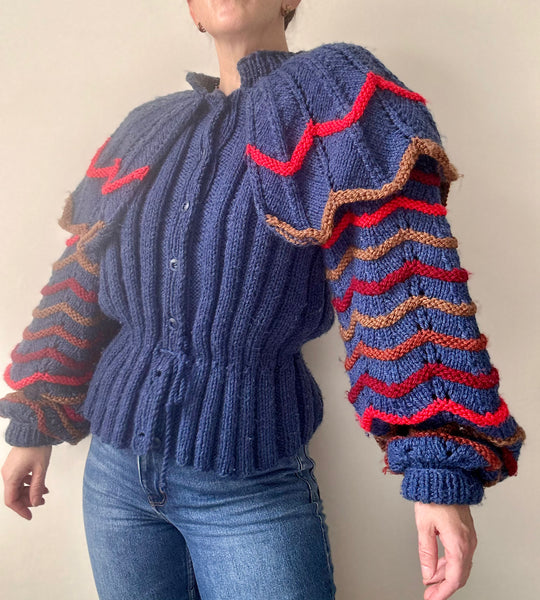 Vintage 1980s Chunky Knit Cardigan, Dramatic Ruffled Shoulders & Balloon Sleeves