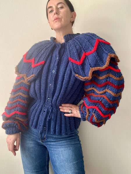 Vintage 1980s Chunky Knit Cardigan, Dramatic Ruffled Shoulders & Balloon Sleeves