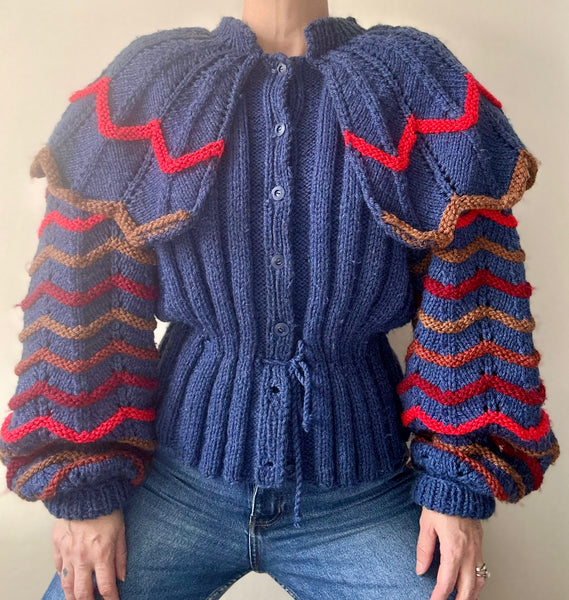 Vintage 1980s Chunky Knit Cardigan, Dramatic Ruffled Shoulders & Balloon Sleeves