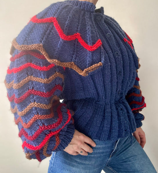 Vintage 1980s Chunky Knit Cardigan, Dramatic Ruffled Shoulders & Balloon Sleeves