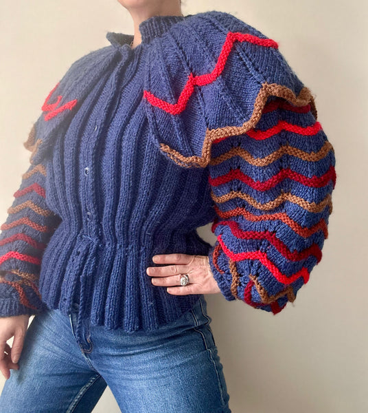 Vintage 1980s Chunky Knit Cardigan, Dramatic Ruffled Shoulders & Balloon Sleeves