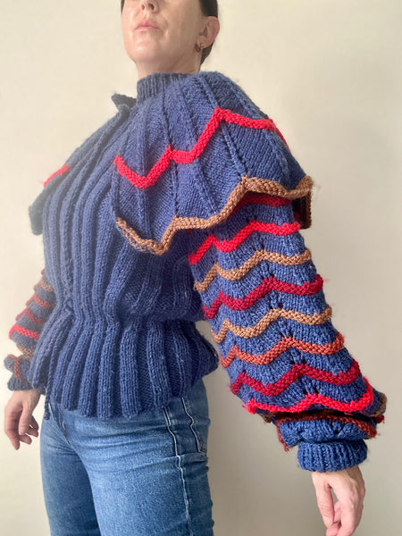 Vintage 1980s Chunky Knit Cardigan, Dramatic Ruffled Shoulders & Balloon Sleeves