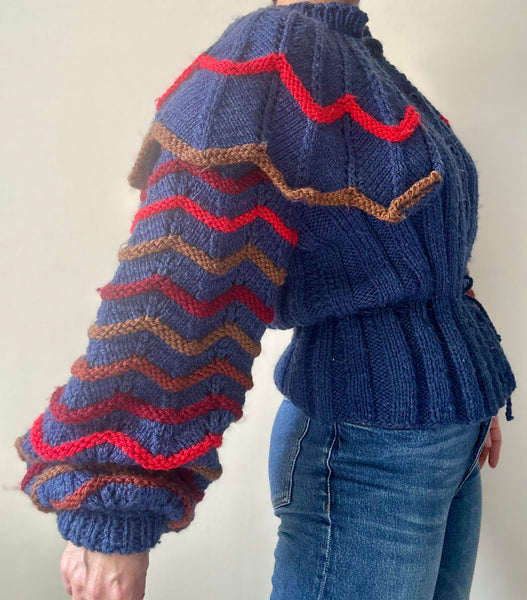 Vintage 1980s Chunky Knit Cardigan, Dramatic Ruffled Shoulders & Balloon Sleeves