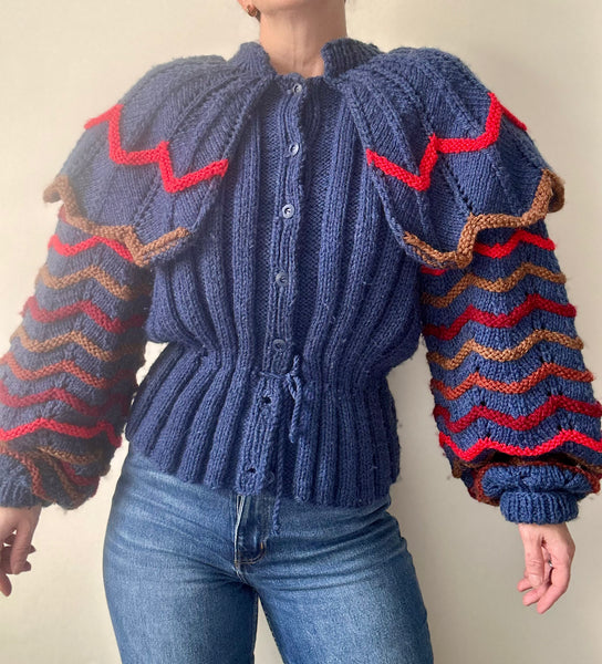 Vintage 1980s Chunky Knit Cardigan, Dramatic Ruffled Shoulders & Balloon Sleeves