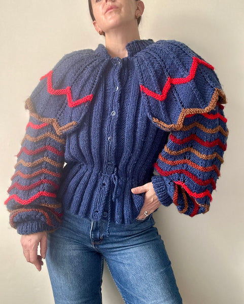Vintage 1980s Chunky Knit Cardigan, Dramatic Ruffled Shoulders & Balloon Sleeves