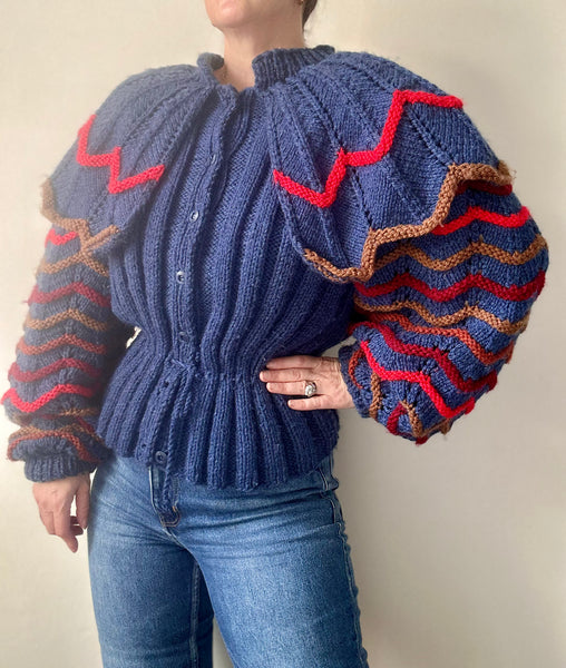 Vintage 1980s Chunky Knit Cardigan, Dramatic Ruffled Shoulders & Balloon Sleeves