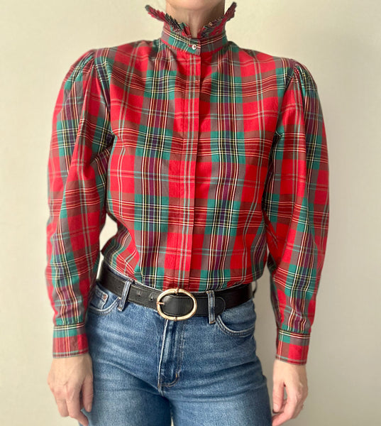 Vintage Tartan Gothic Blouse, Green & Red Plaid with Puff Sleeves