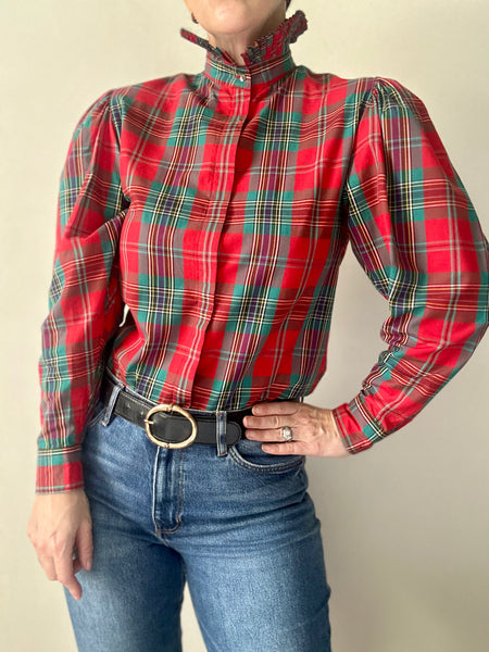Vintage Tartan Gothic Blouse, Green & Red Plaid with Puff Sleeves