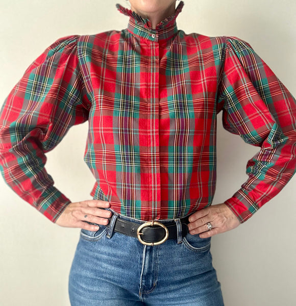 Vintage Tartan Gothic Blouse, Green & Red Plaid with Puff Sleeves