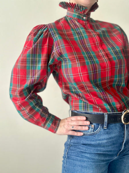 Vintage Tartan Gothic Blouse, Green & Red Plaid with Puff Sleeves
