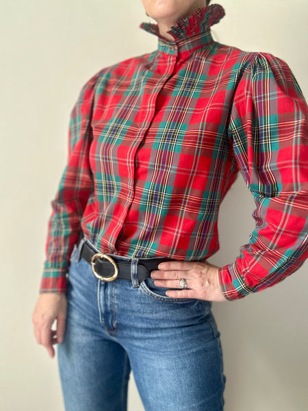 Vintage Tartan Gothic Blouse, Green & Red Plaid with Puff Sleeves