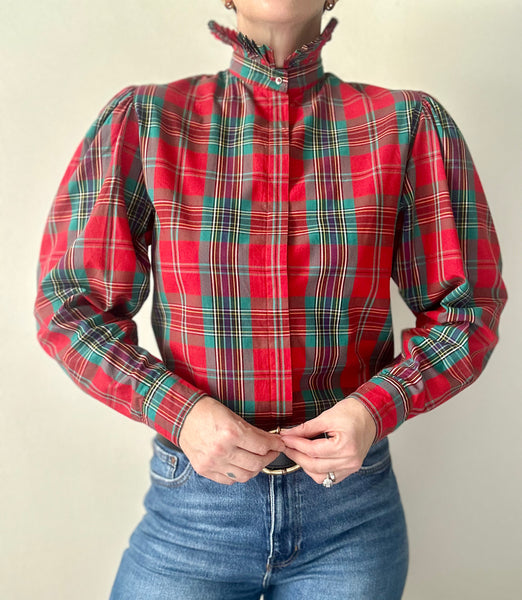 Vintage Tartan Gothic Blouse, Green & Red Plaid with Puff Sleeves