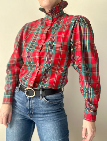 Vintage Tartan Gothic Blouse, Green & Red Plaid with Puff Sleeves