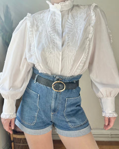 Vintage Embossed Floral Traditional Prairie Cotton Blouse