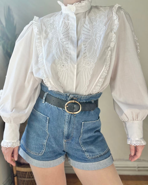 Vintage Embossed Floral Traditional Prairie Cotton Blouse