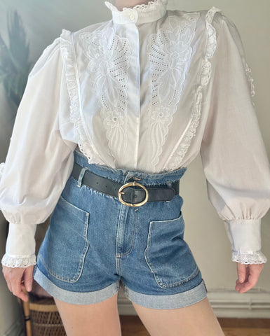 Vintage Embossed Floral Traditional Prairie Cotton Blouse