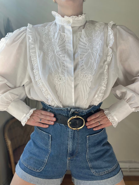 Vintage Embossed Floral Traditional Prairie Cotton Blouse