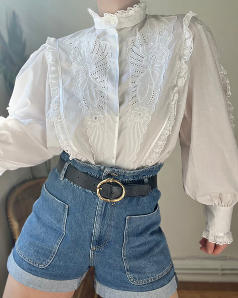 Vintage Embossed Floral Traditional Prairie Cotton Blouse