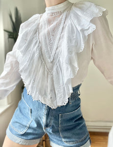 Vintage Art Nouveau Lady Embossed White Cotton Blouse