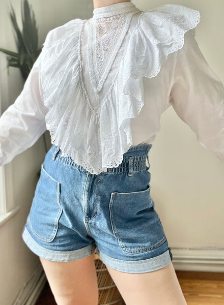 Vintage Art Nouveau Lady Embossed White Cotton Blouse