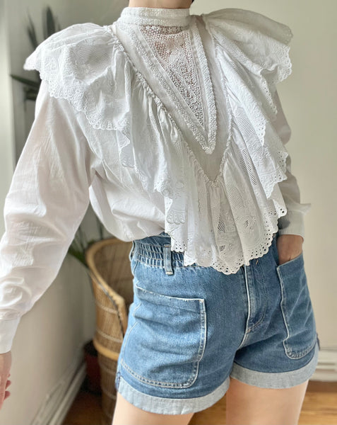 Vintage Art Nouveau Lady Embossed White Cotton Blouse
