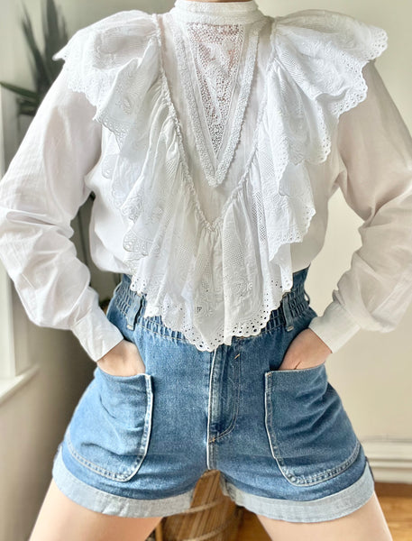 Vintage Art Nouveau Lady Embossed White Cotton Blouse
