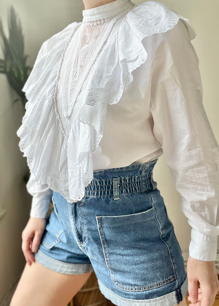 Vintage Art Nouveau Lady Embossed White Cotton Blouse