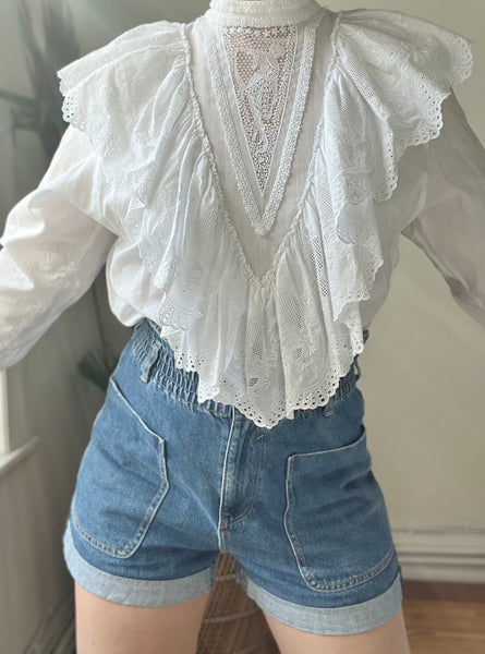 Vintage Art Nouveau Lady Embossed White Cotton Blouse