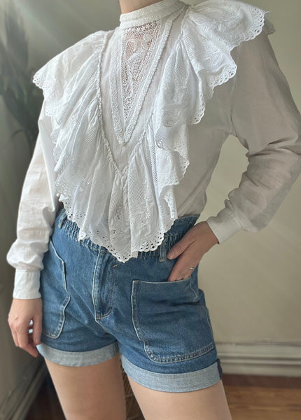 Vintage Art Nouveau Lady Embossed White Cotton Blouse