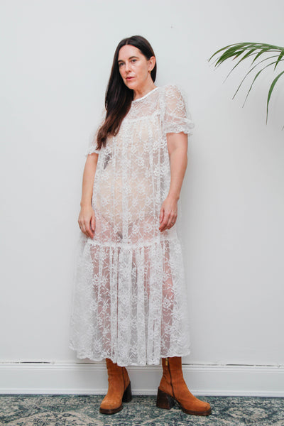 Rare White Vintage Floral Sheer Lace Antique Dress