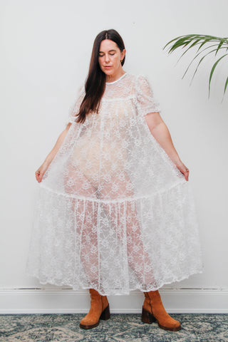 Rare White Vintage Floral Sheer Lace Antique Dress