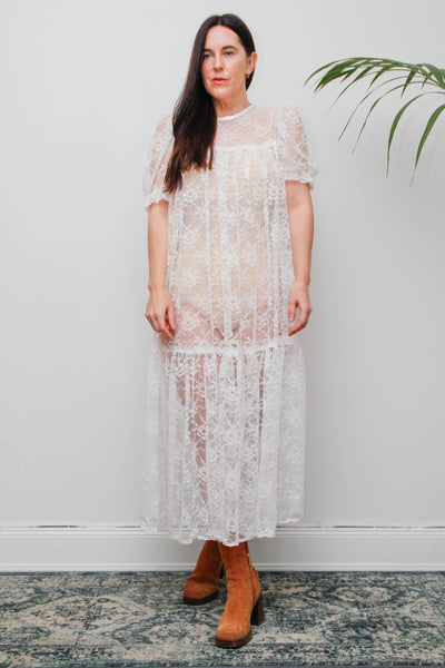 Rare White Vintage Floral Sheer Lace Antique Dress