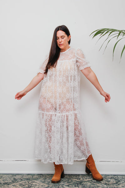 Rare White Vintage Floral Sheer Lace Antique Dress