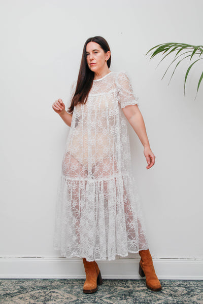Rare White Vintage Floral Sheer Lace Antique Dress