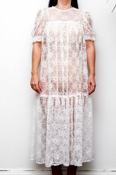 Rare White Vintage Floral Sheer Lace Antique Dress