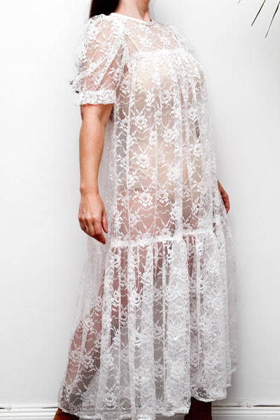 Rare White Vintage Floral Sheer Lace Antique Dress